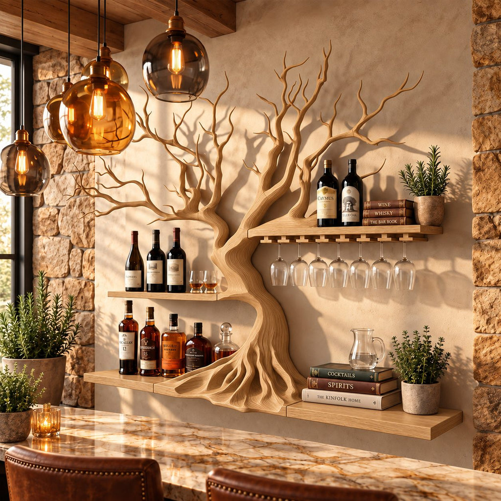 Sculptural Tree Wine Rack with Root Flare Trunk, Two Bar Shelves and Stemware Rail, Wall Mounted