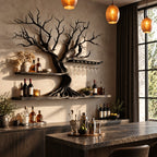 Sculptural Tree Wine Rack with Root Flare Trunk, Two Bar Shelves and Stemware Rail, Wall Mounted