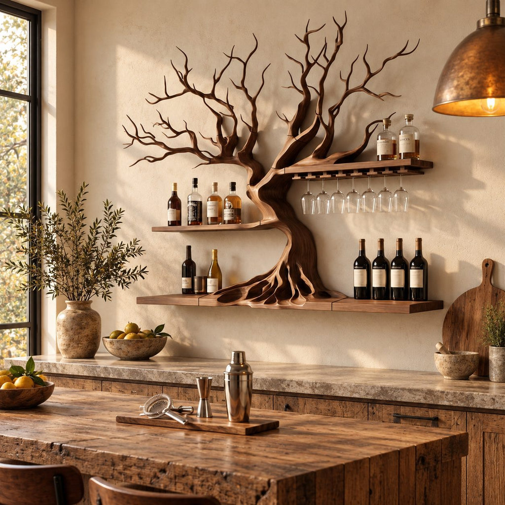 Sculptural Tree Wine Rack with Root Flare Trunk, Two Bar Shelves and Stemware Rail, Wall Mounted