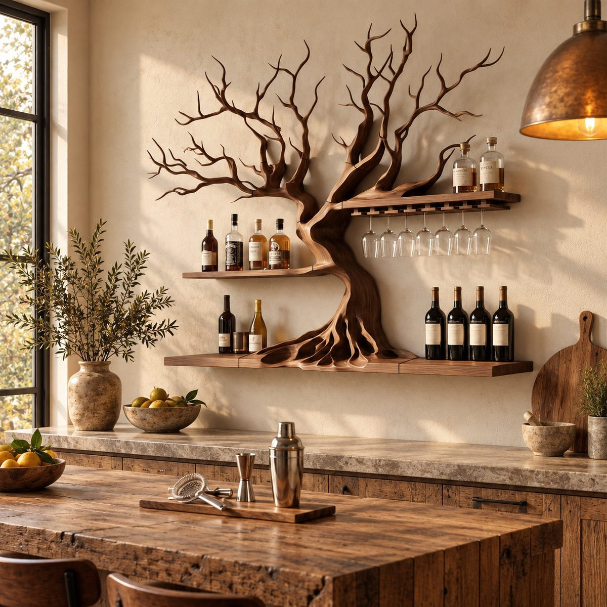 Sculptural Tree Wine Rack with Root Flare Trunk, Two Bar Shelves and Stemware Rail, Wall Mounted
