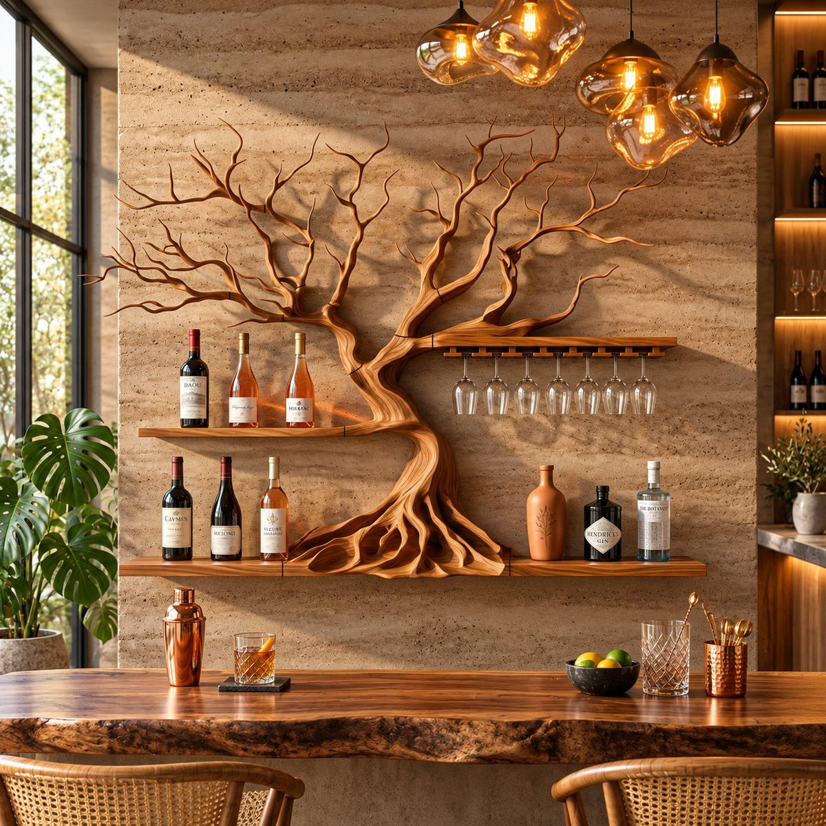 Sculptural Tree Wine Rack with Root Flare Trunk, Two Bar Shelves and Stemware Rail, Wall Mounted