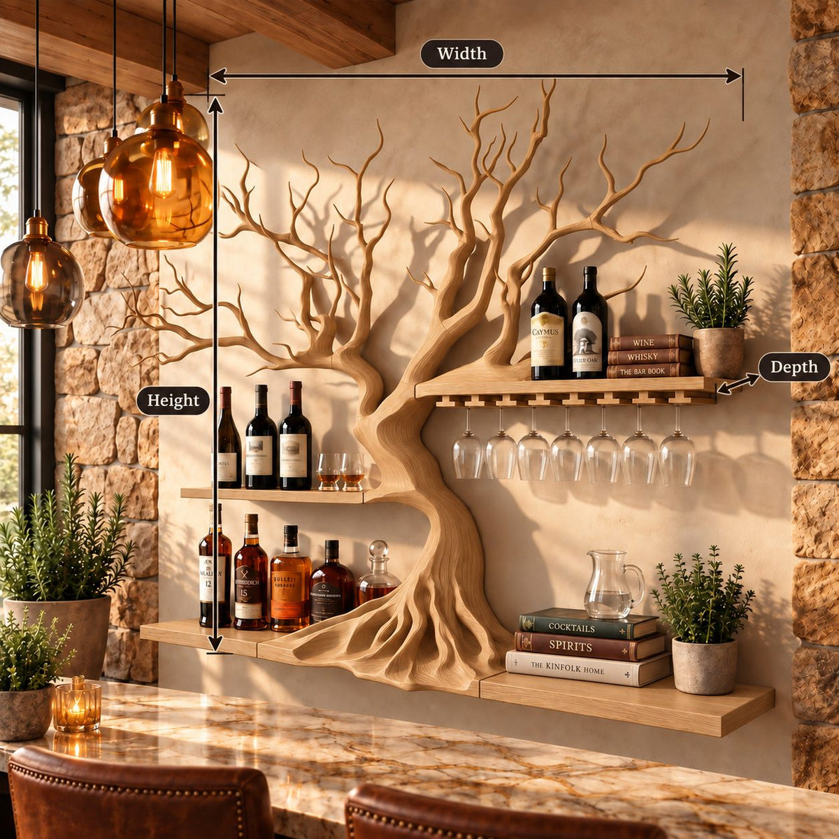 Sculptural Tree Wine Rack with Root Flare Trunk, Two Bar Shelves and Stemware Rail, Wall Mounted