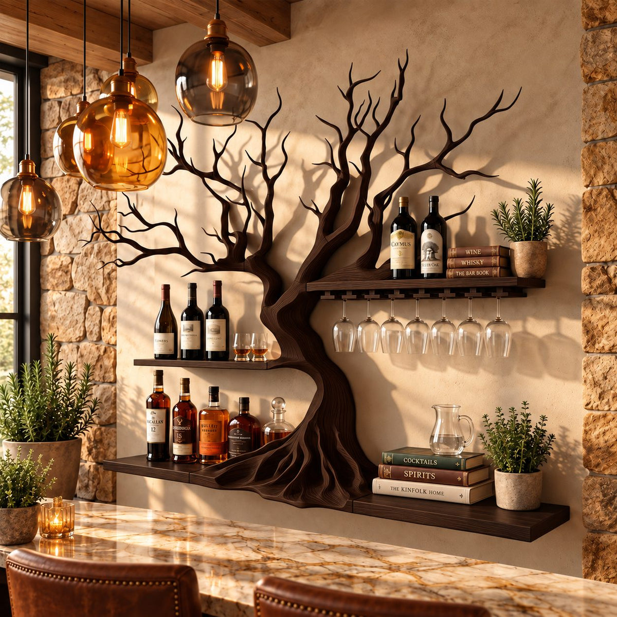 Sculptural Tree Wine Rack with Root Flare Trunk, Two Bar Shelves and Stemware Rail, Wall Mounted