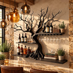 Sculptural Tree Wine Rack with Root Flare Trunk, Two Bar Shelves and Stemware Rail, Wall Mounted