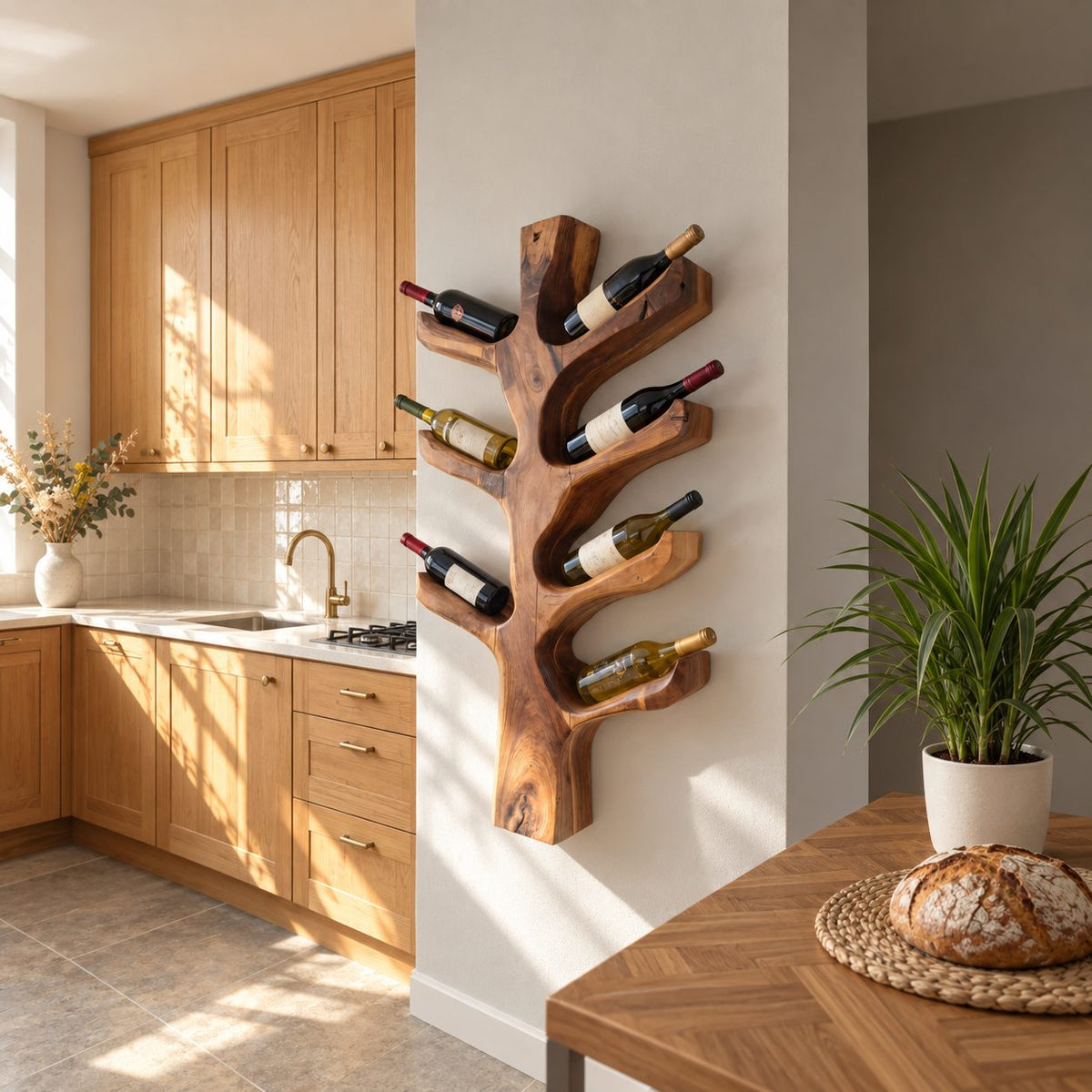 Upswept Branch Wine Rack, Vertical Carved Tree Trunk Holding Bottles at an Angle, Wall Mounted Solid Wood