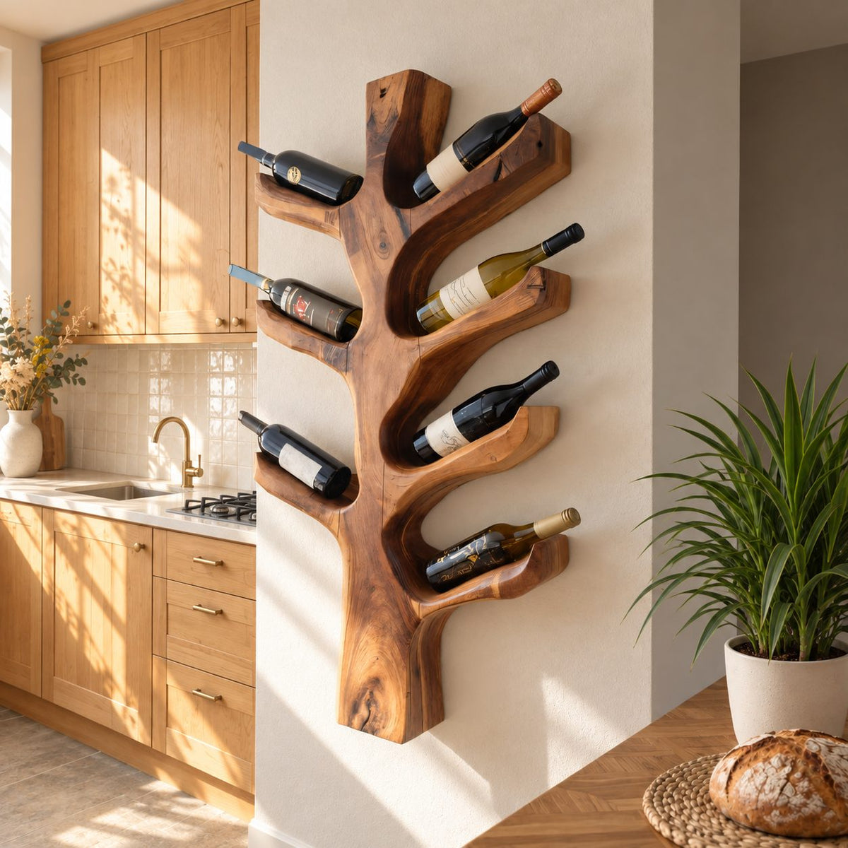 Upswept Branch Wine Rack, Vertical Carved Tree Trunk Holding Bottles at an Angle, Wall Mounted Solid Wood