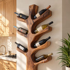 Upswept Branch Wine Rack, Vertical Carved Tree Trunk Holding Bottles at an Angle, Wall Mounted Solid Wood
