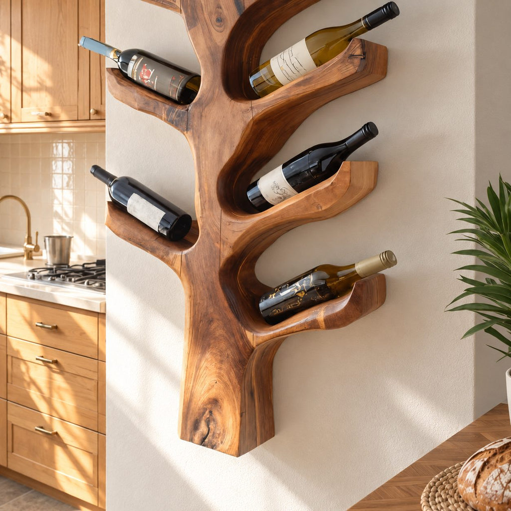 Upswept Branch Wine Rack, Vertical Carved Tree Trunk Holding Bottles at an Angle, Wall Mounted Solid Wood