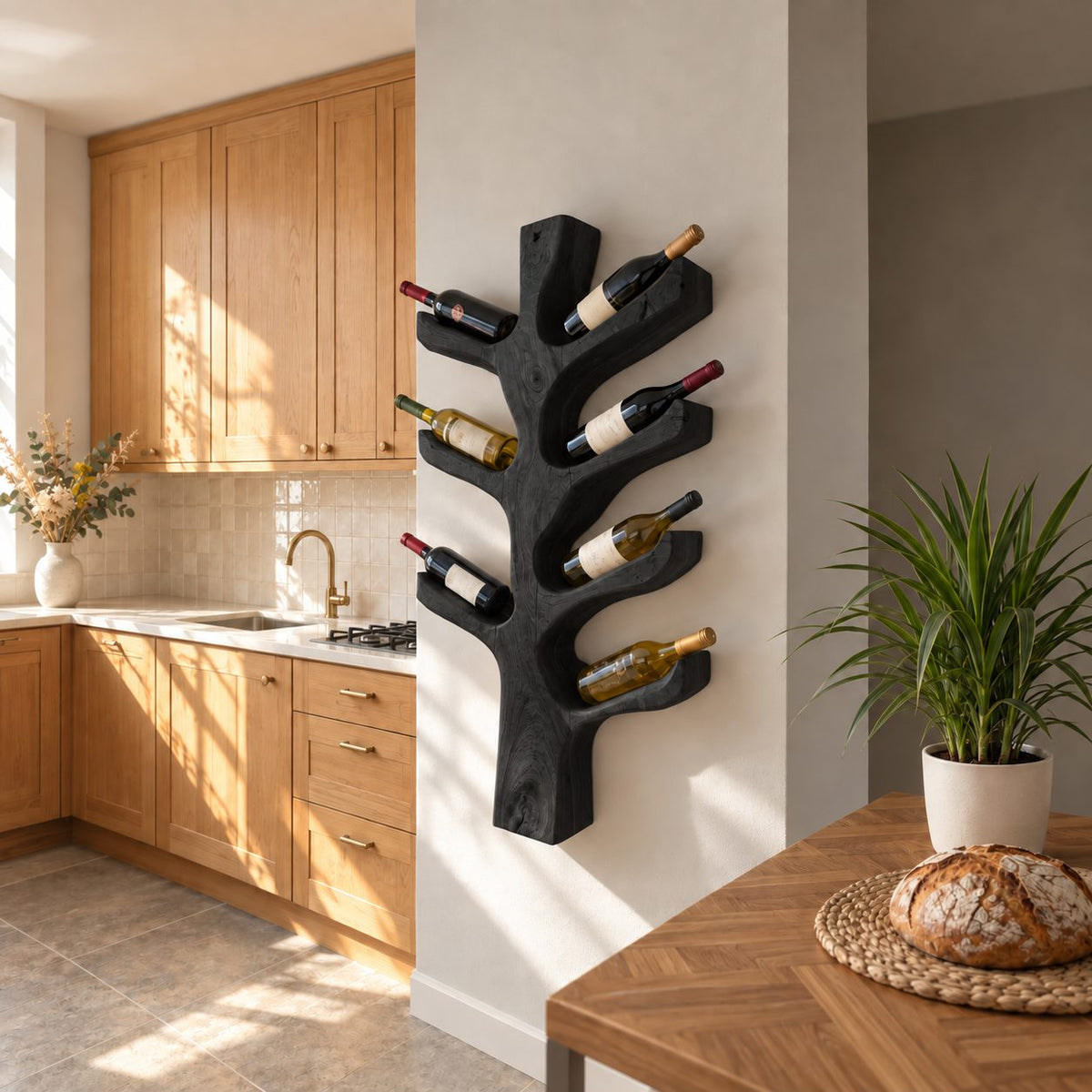 Upswept Branch Wine Rack, Vertical Carved Tree Trunk Holding Bottles at an Angle, Wall Mounted Solid Wood