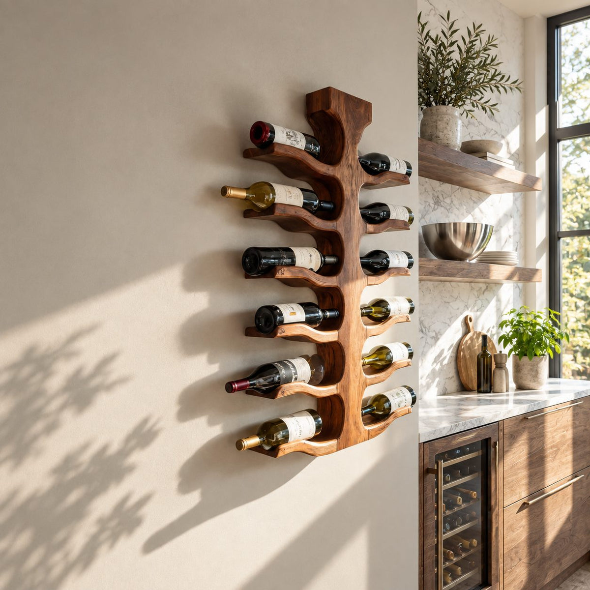 Double Sided Spine Wine Rack with Wavy Bottle Arms, Vertical Wall Mounted Solid Wood Wine Storage
