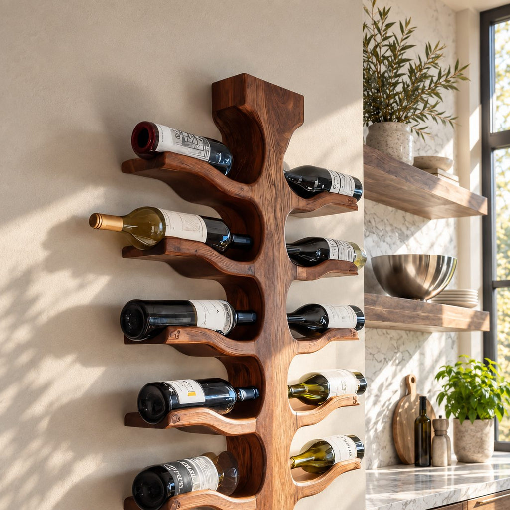 Double Sided Spine Wine Rack with Wavy Bottle Arms, Vertical Wall Mounted Solid Wood Wine Storage