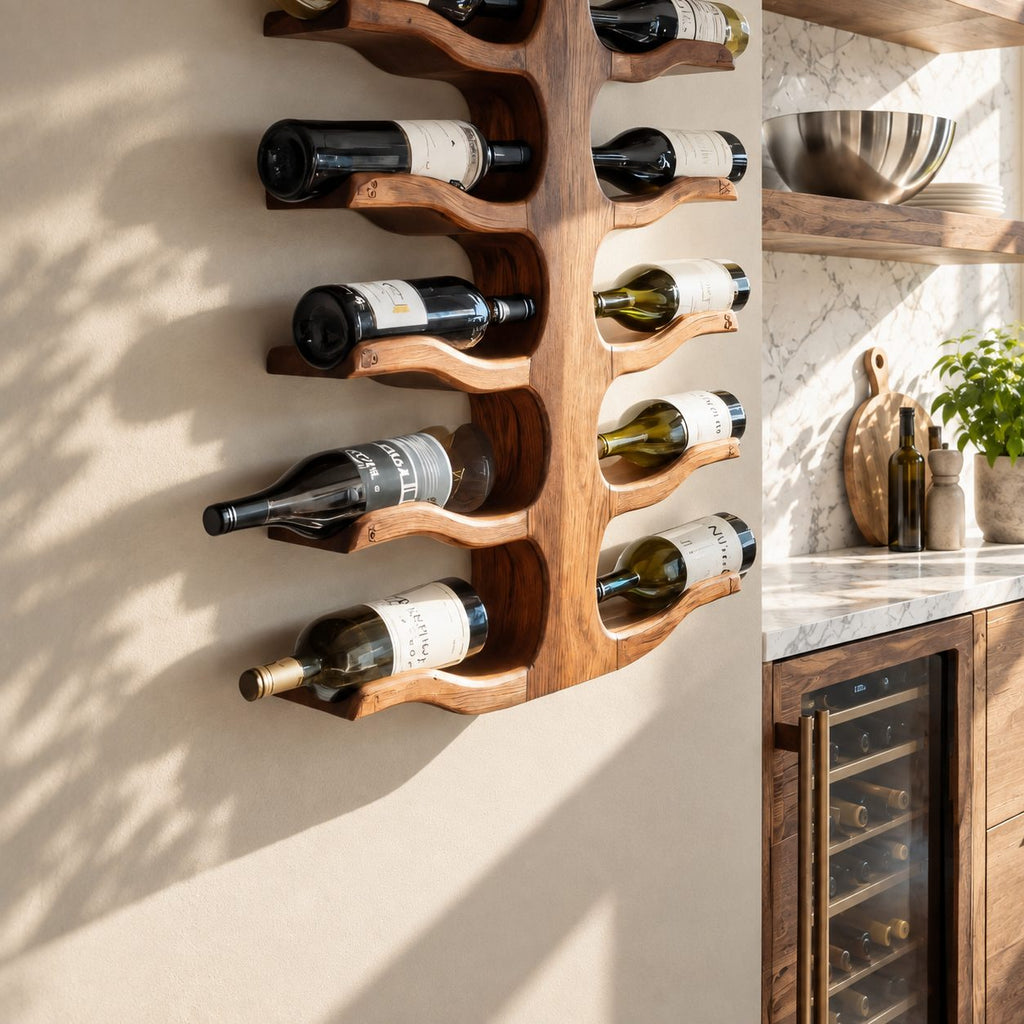 Double Sided Spine Wine Rack with Wavy Bottle Arms, Vertical Wall Mounted Solid Wood Wine Storage