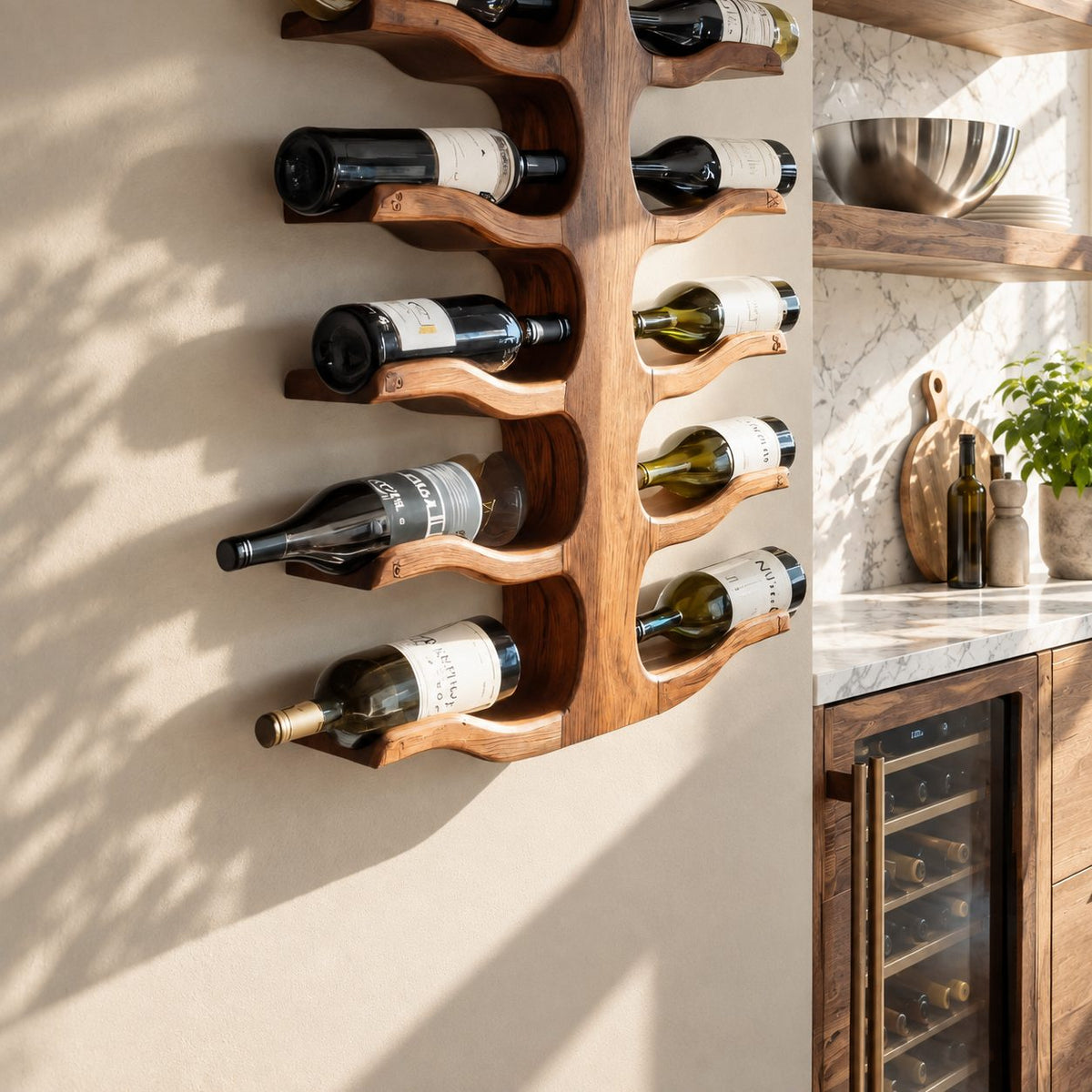 Double Sided Spine Wine Rack with Wavy Bottle Arms, Vertical Wall Mounted Solid Wood Wine Storage
