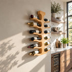 Double Sided Spine Wine Rack with Wavy Bottle Arms, Vertical Wall Mounted Solid Wood Wine Storage