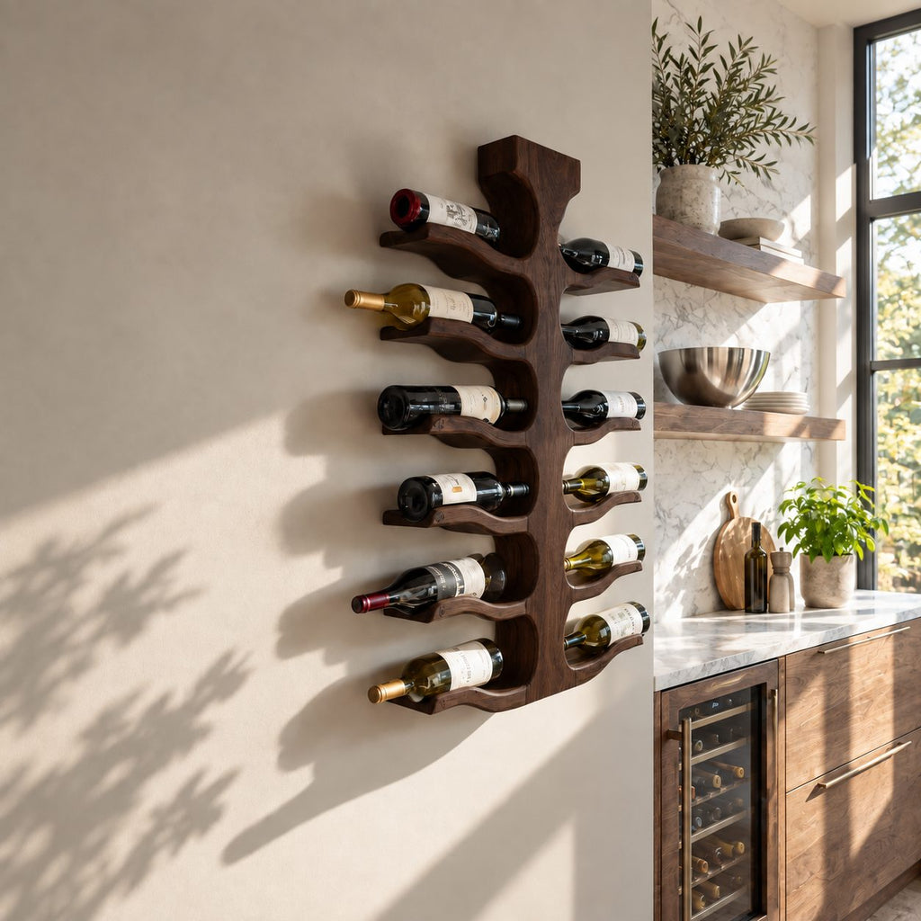 Double Sided Spine Wine Rack with Wavy Bottle Arms, Vertical Wall Mounted Solid Wood Wine Storage