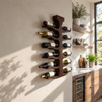 Double Sided Spine Wine Rack with Wavy Bottle Arms, Vertical Wall Mounted Solid Wood Wine Storage