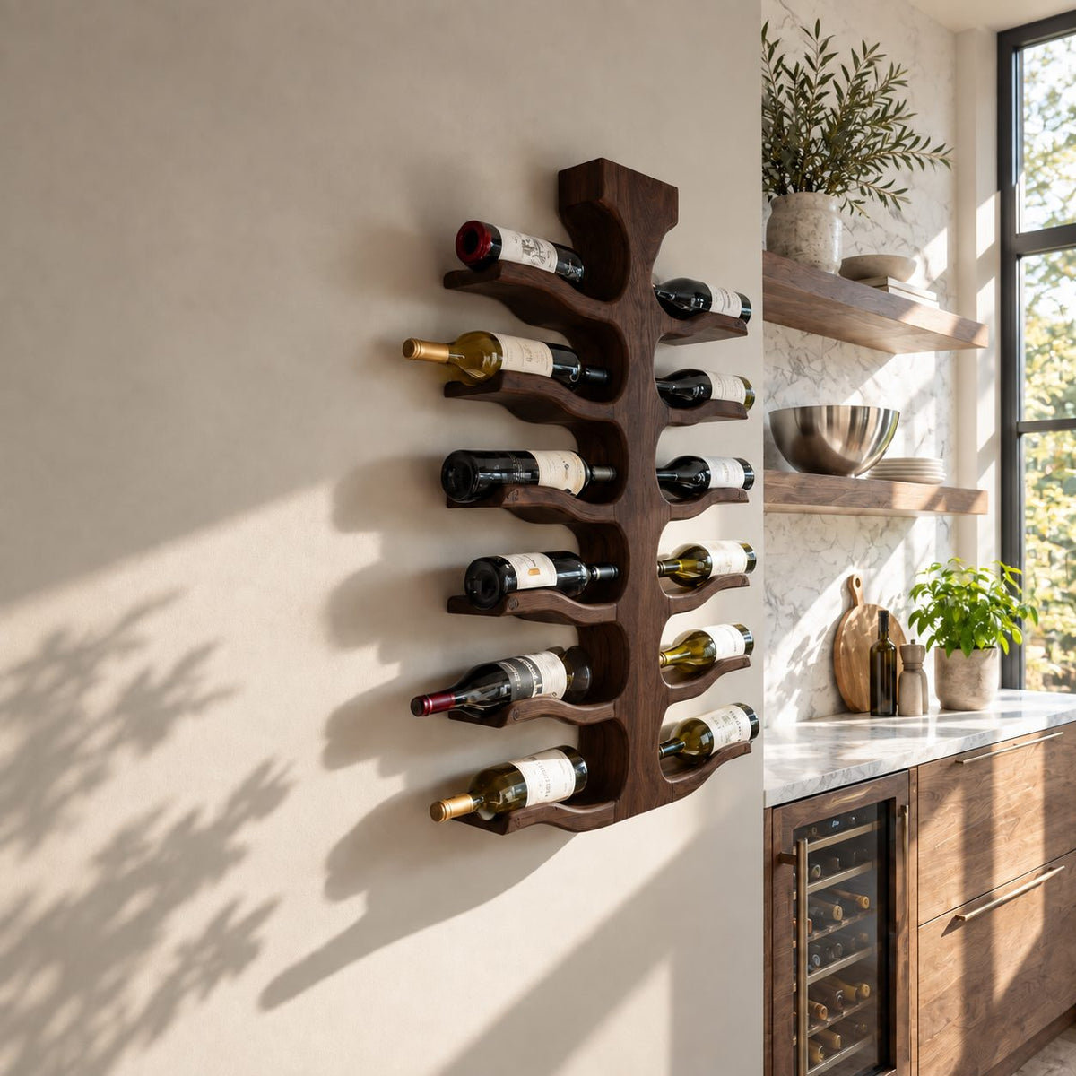 Double Sided Spine Wine Rack with Wavy Bottle Arms, Vertical Wall Mounted Solid Wood Wine Storage