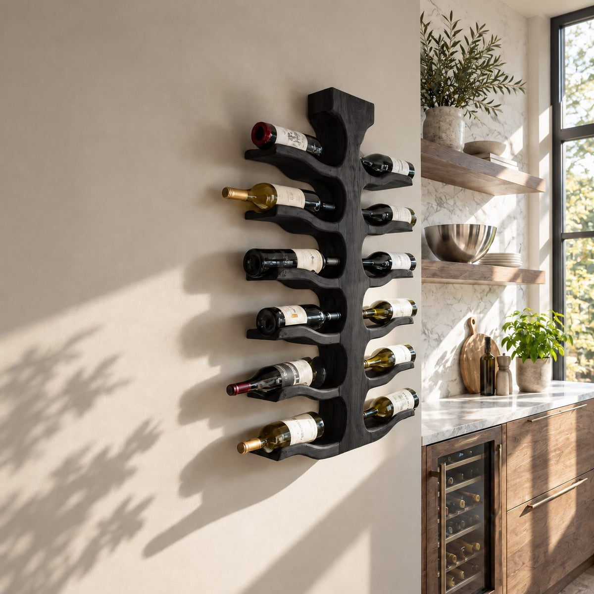 Double Sided Spine Wine Rack with Wavy Bottle Arms, Vertical Wall Mounted Solid Wood Wine Storage