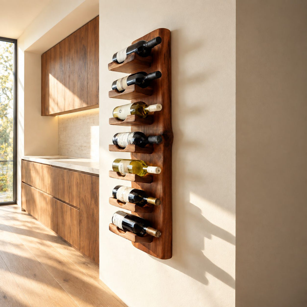 Live Edge Board Wine Rack with Stacked Bottle Ledges, Vertical Wall Mounted Solid Wood Wine Holder