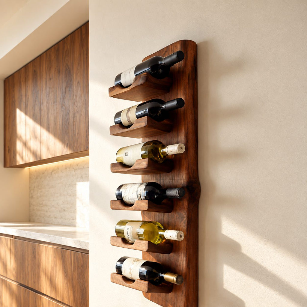 Live Edge Board Wine Rack with Stacked Bottle Ledges, Vertical Wall Mounted Solid Wood Wine Holder