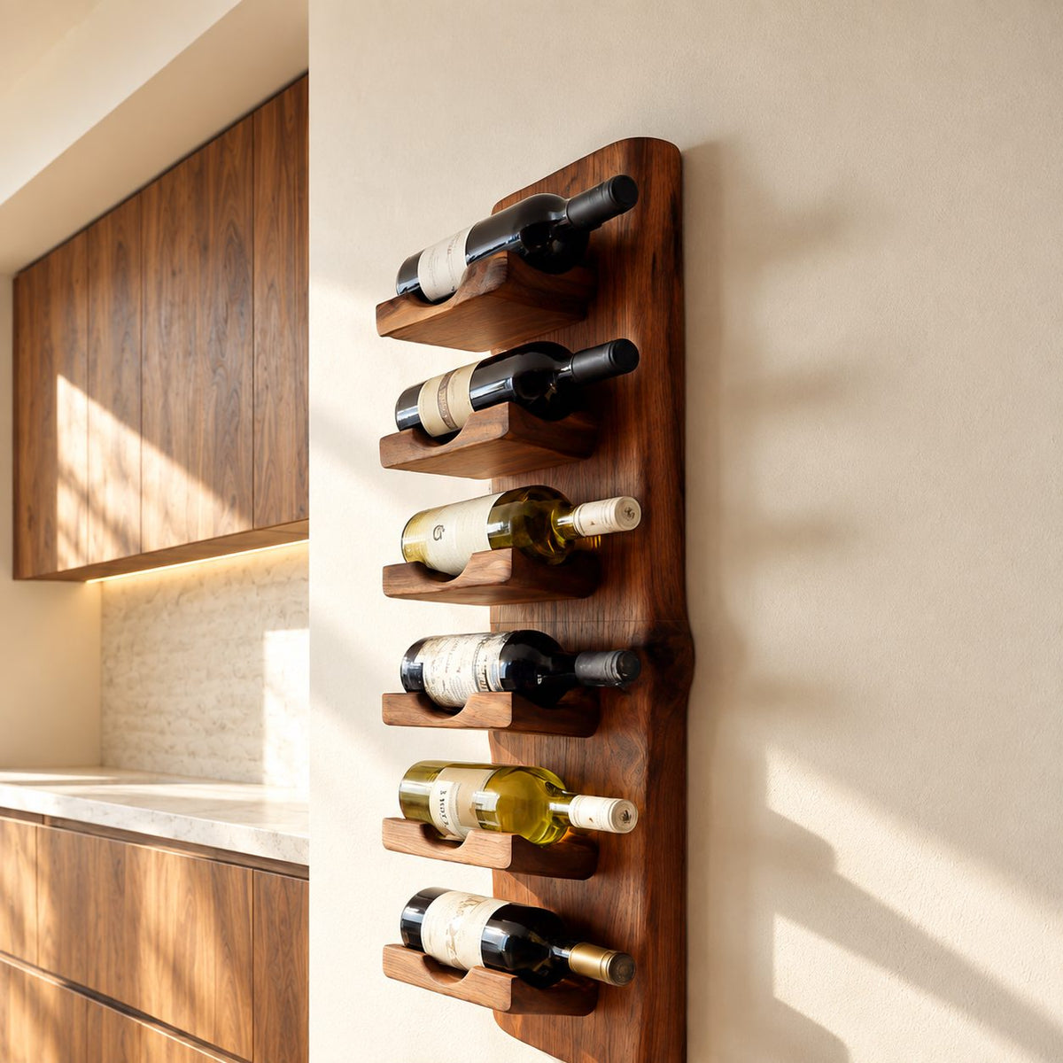 Live Edge Board Wine Rack with Stacked Bottle Ledges, Vertical Wall Mounted Solid Wood Wine Holder