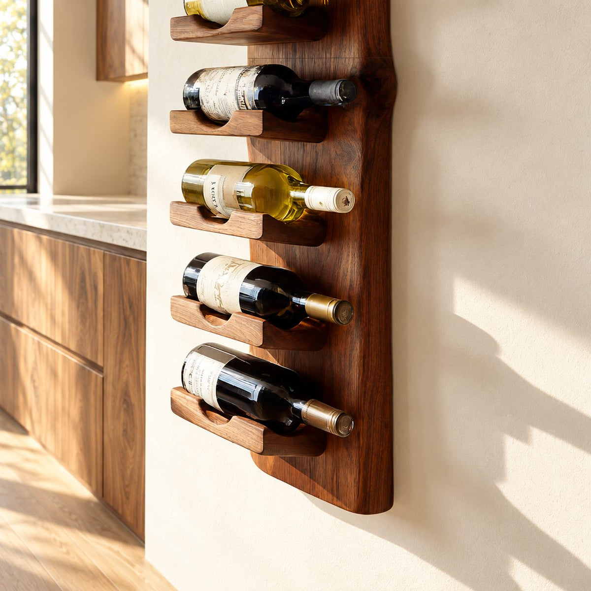 Live Edge Board Wine Rack with Stacked Bottle Ledges, Vertical Wall Mounted Solid Wood Wine Holder