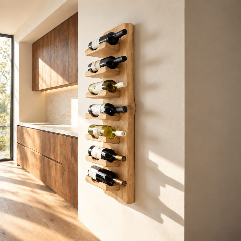 Live Edge Board Wine Rack with Stacked Bottle Ledges, Vertical Wall Mounted Solid Wood Wine Holder