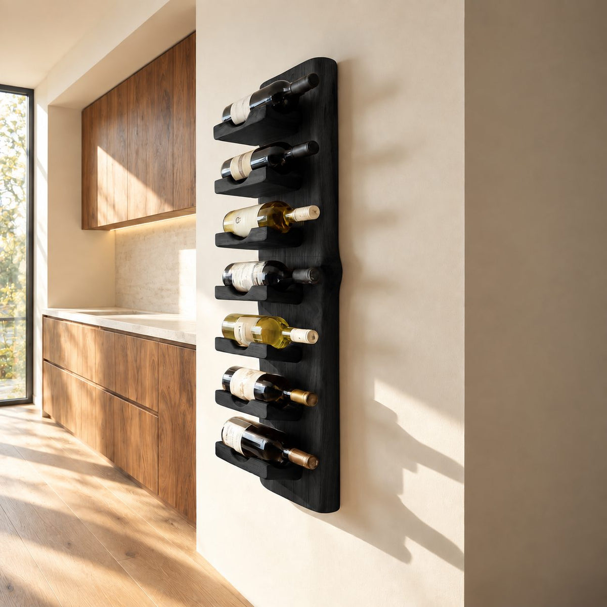 Live Edge Board Wine Rack with Stacked Bottle Ledges, Vertical Wall Mounted Solid Wood Wine Holder