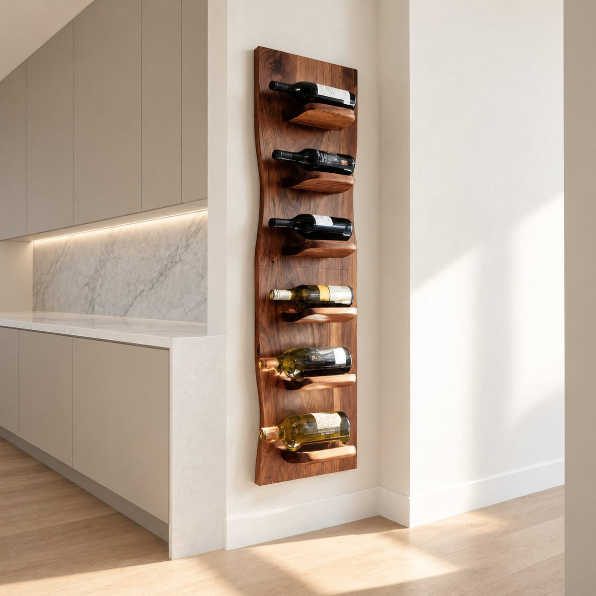 Wavy Edge Wine Rack Panel with Rounded Bottle Ledges, Tall Slim Wall Mounted Solid Wood Wine Holder
