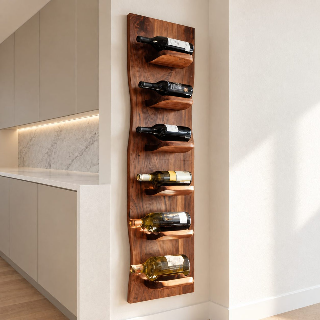 Wavy Edge Wine Rack Panel with Rounded Bottle Ledges, Tall Slim Wall Mounted Solid Wood Wine Holder