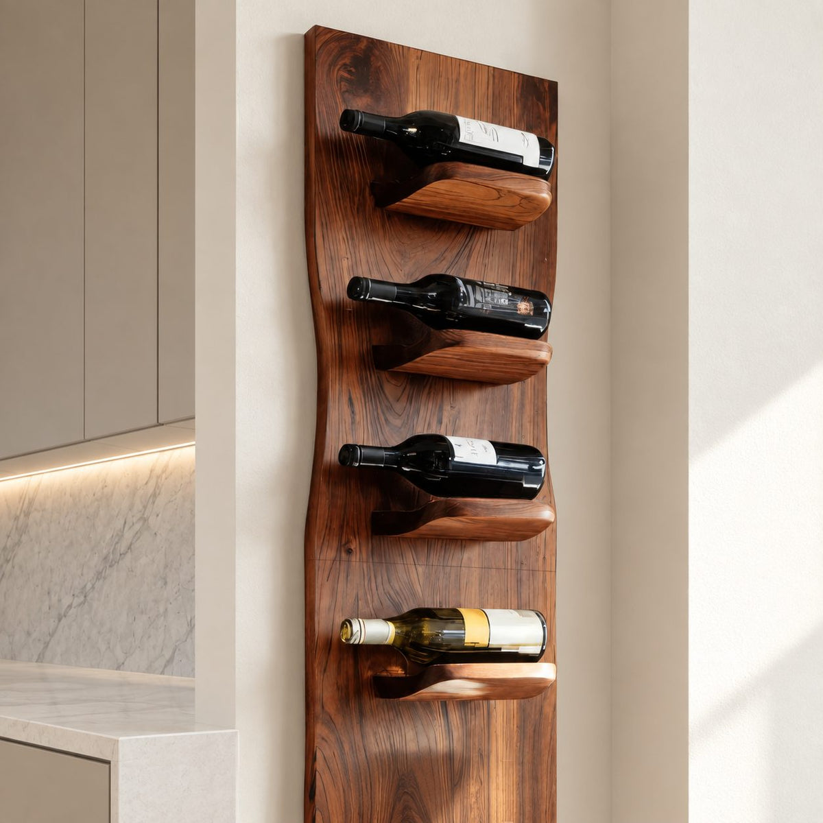 Wavy Edge Wine Rack Panel with Rounded Bottle Ledges, Tall Slim Wall Mounted Solid Wood Wine Holder
