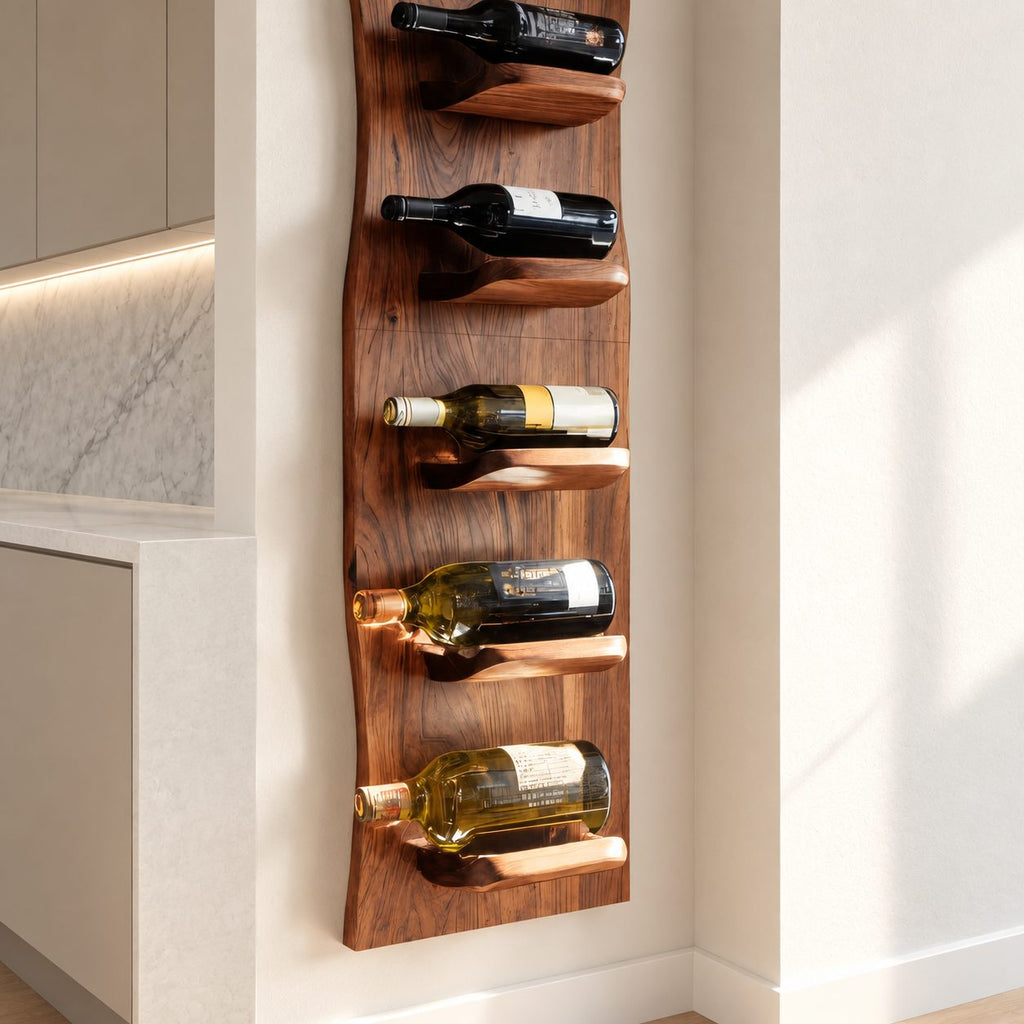 Wavy Edge Wine Rack Panel with Rounded Bottle Ledges, Tall Slim Wall Mounted Solid Wood Wine Holder