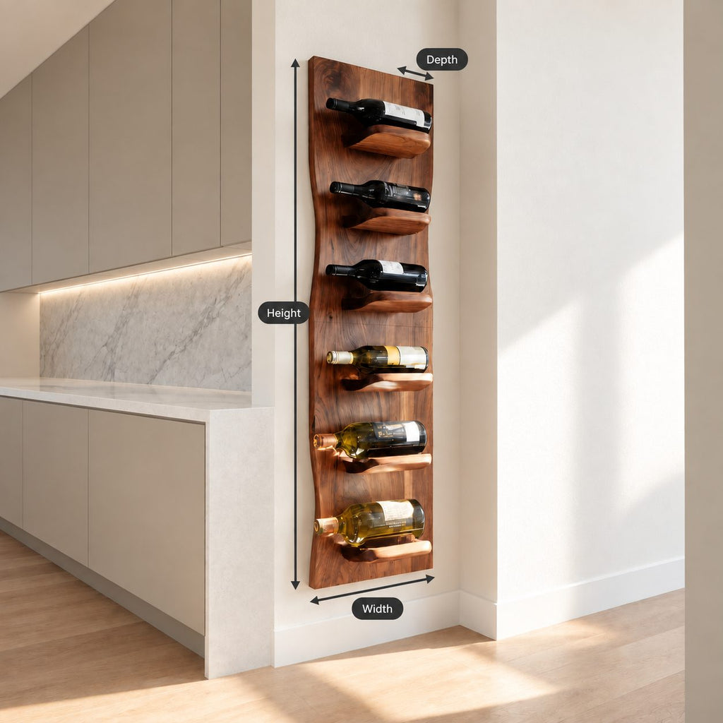 Wavy Edge Wine Rack Panel with Rounded Bottle Ledges, Tall Slim Wall Mounted Solid Wood Wine Holder