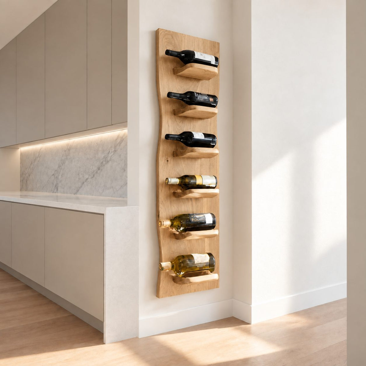 Wavy Edge Wine Rack Panel with Rounded Bottle Ledges, Tall Slim Wall Mounted Solid Wood Wine Holder
