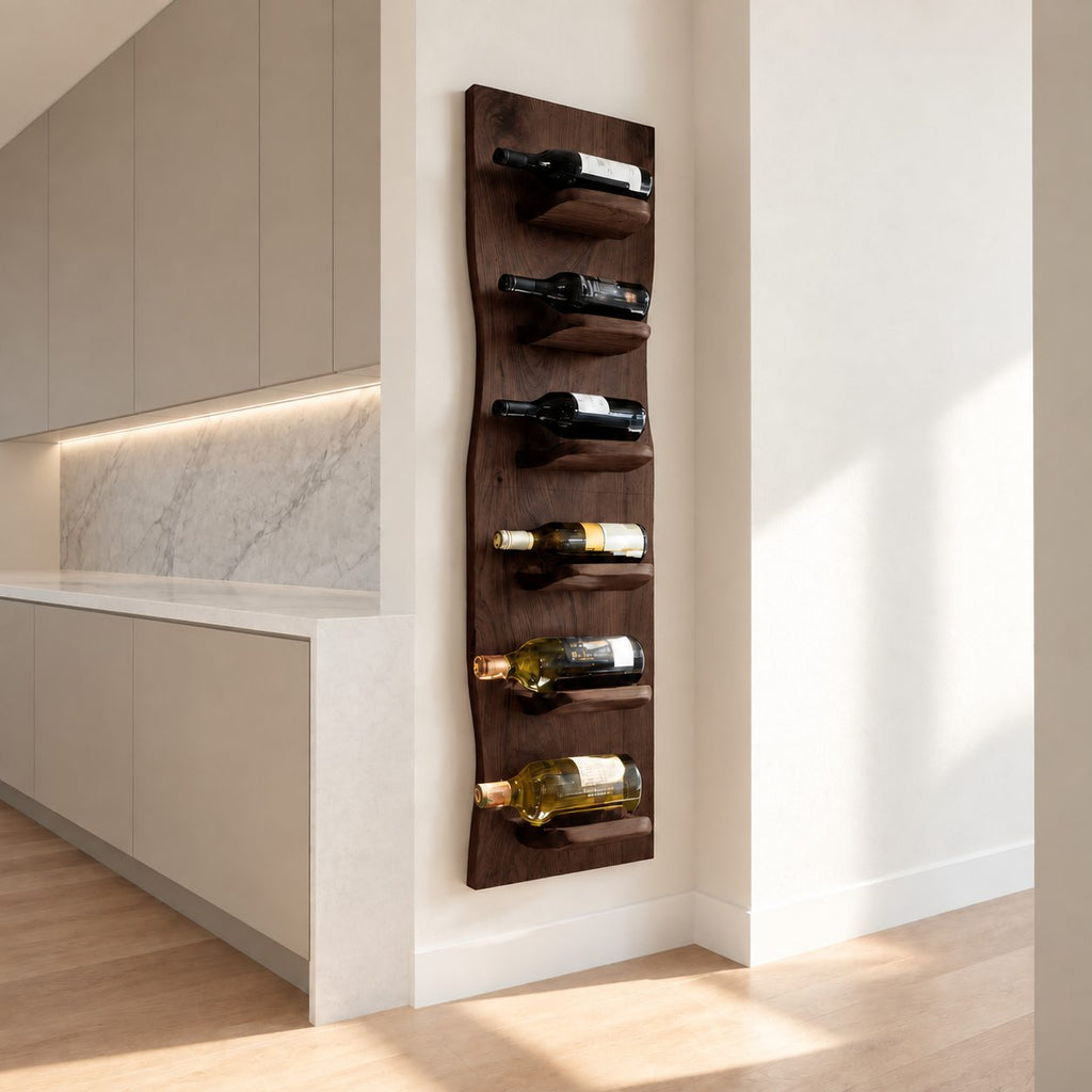 Wavy Edge Wine Rack Panel with Rounded Bottle Ledges, Tall Slim Wall Mounted Solid Wood Wine Holder