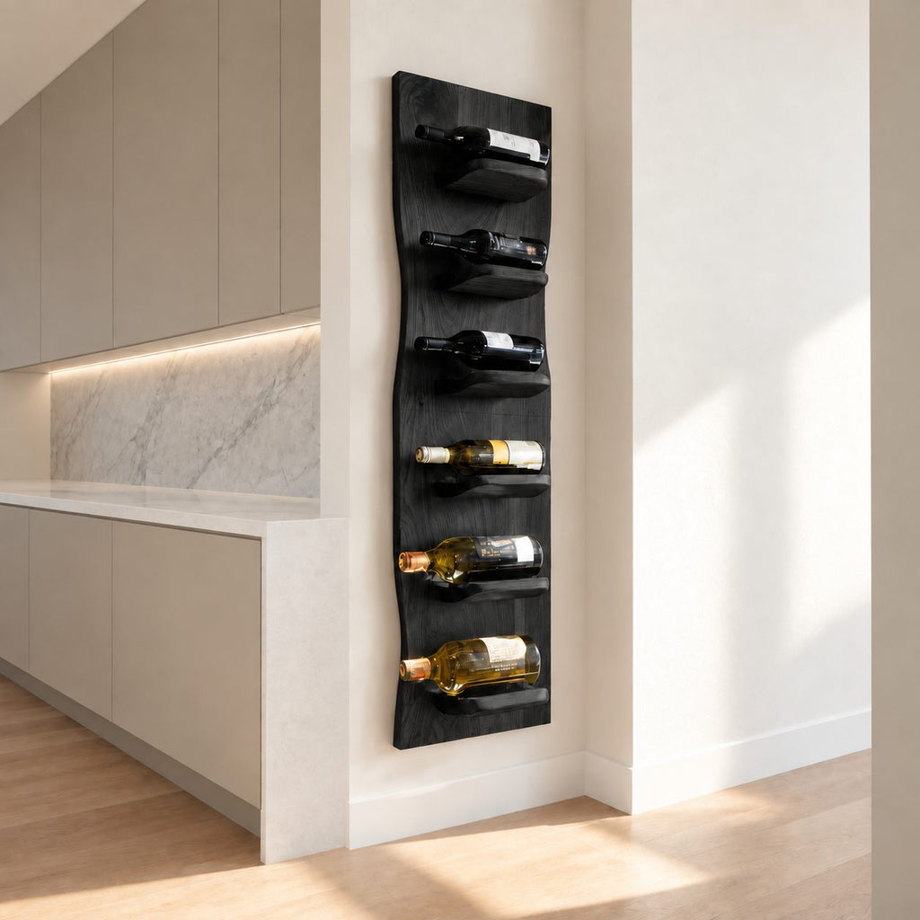 Wavy Edge Wine Rack Panel with Rounded Bottle Ledges, Tall Slim Wall Mounted Solid Wood Wine Holder