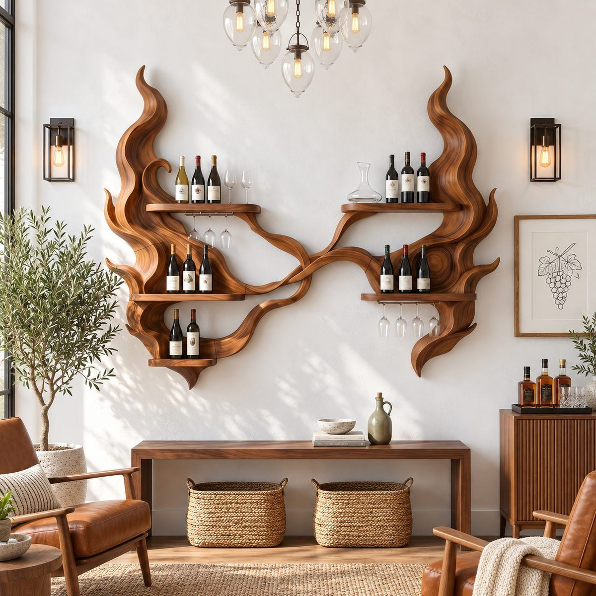 Twin Flame Wine Rack Wall Sculpture with Six Bottle Shelves, Carved Solid Wood Home Bar Display