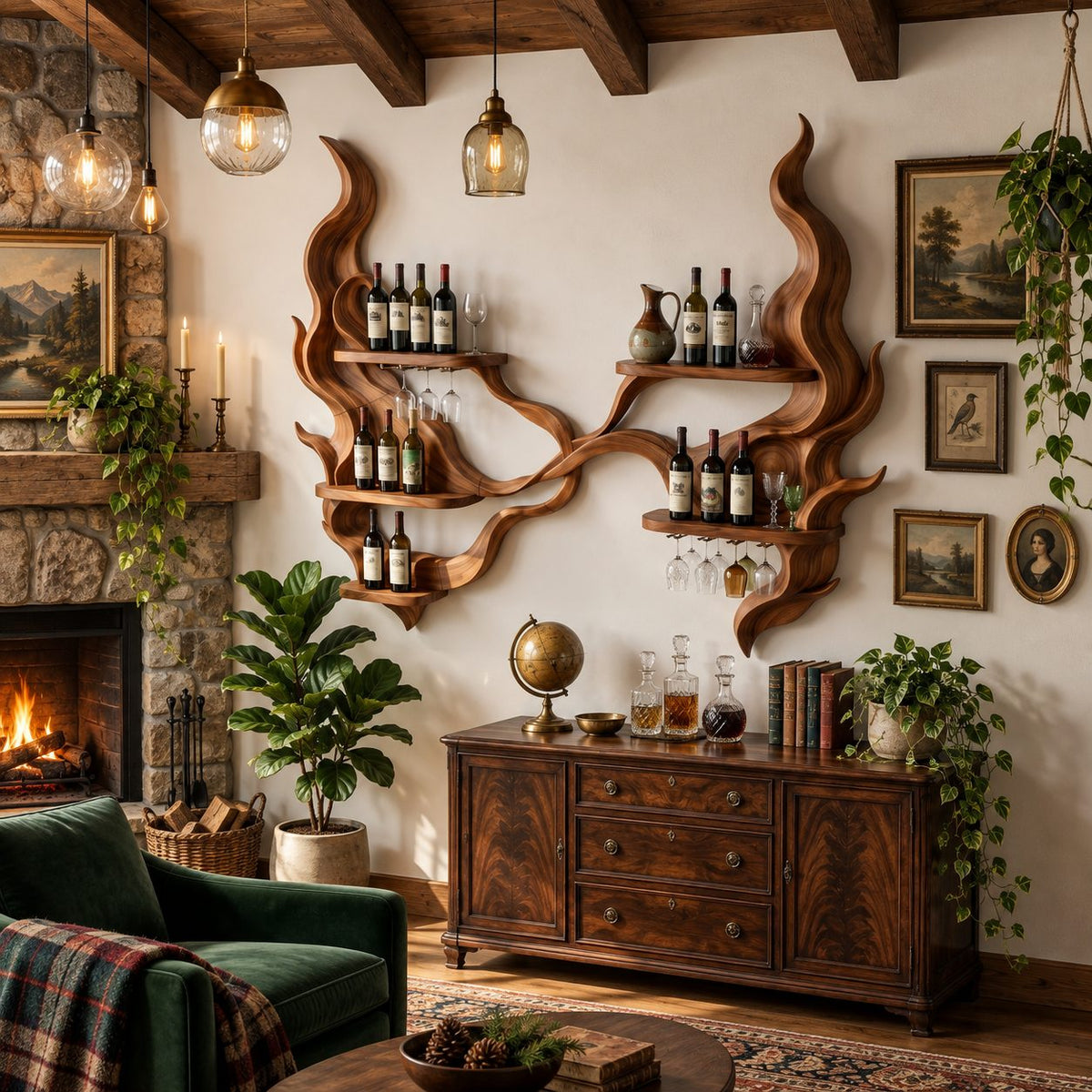Twin Flame Wine Rack Wall Sculpture with Six Bottle Shelves, Carved Solid Wood Home Bar Display