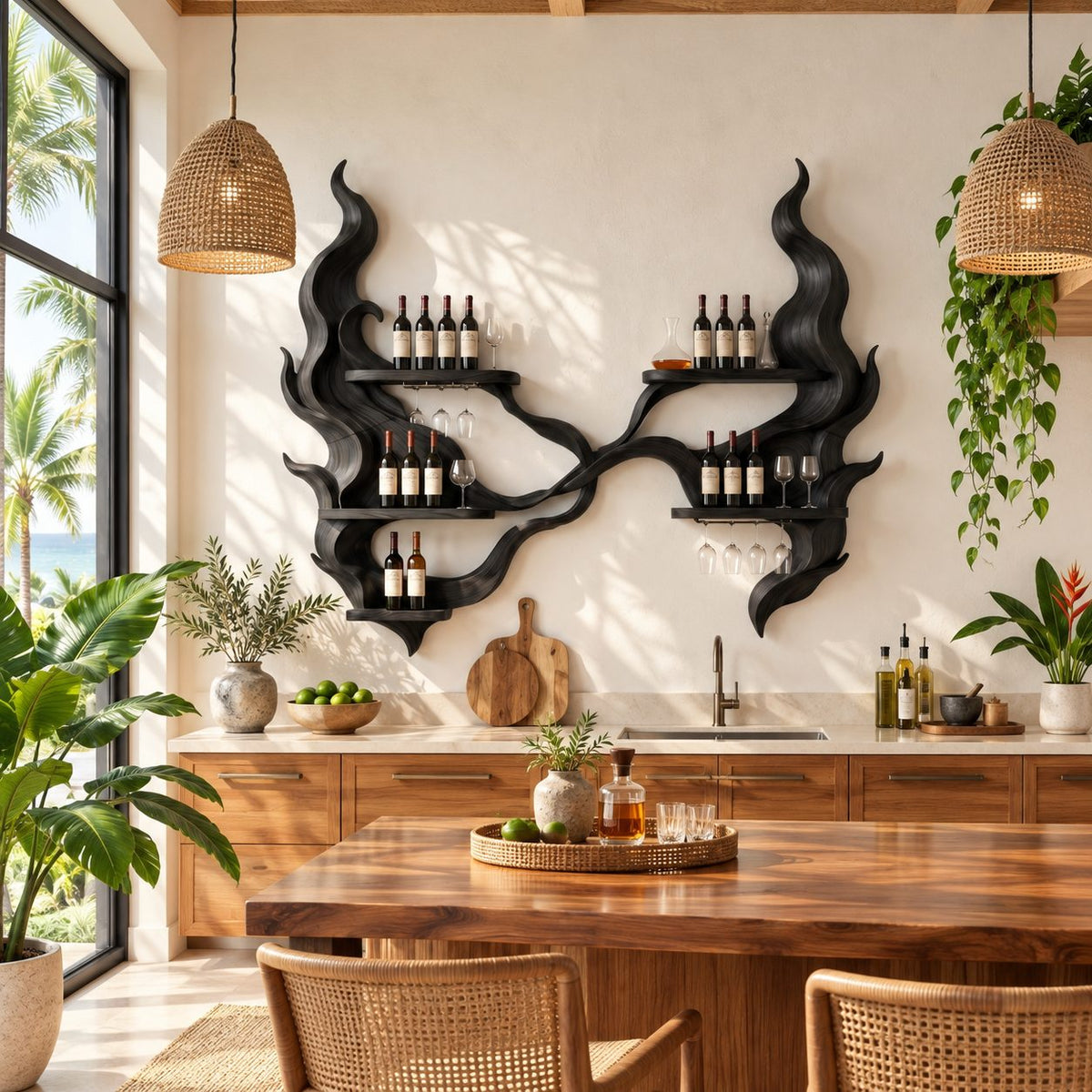 Twin Flame Wine Rack Wall Sculpture with Six Bottle Shelves, Carved Solid Wood Home Bar Display
