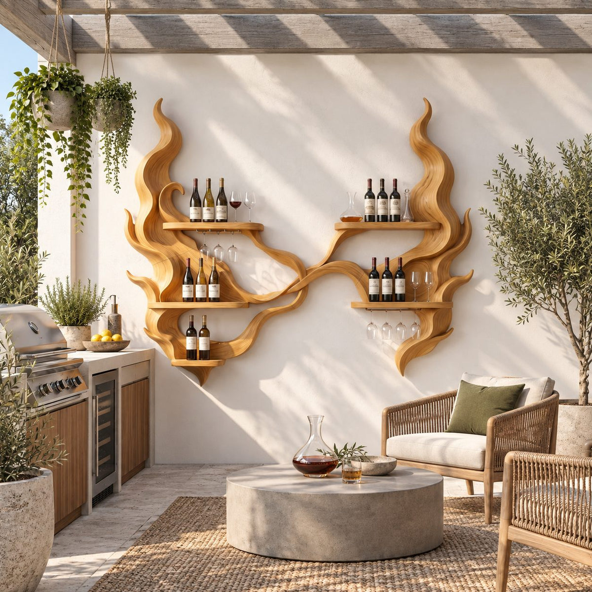 Twin Flame Wine Rack Wall Sculpture with Six Bottle Shelves, Carved Solid Wood Home Bar Display