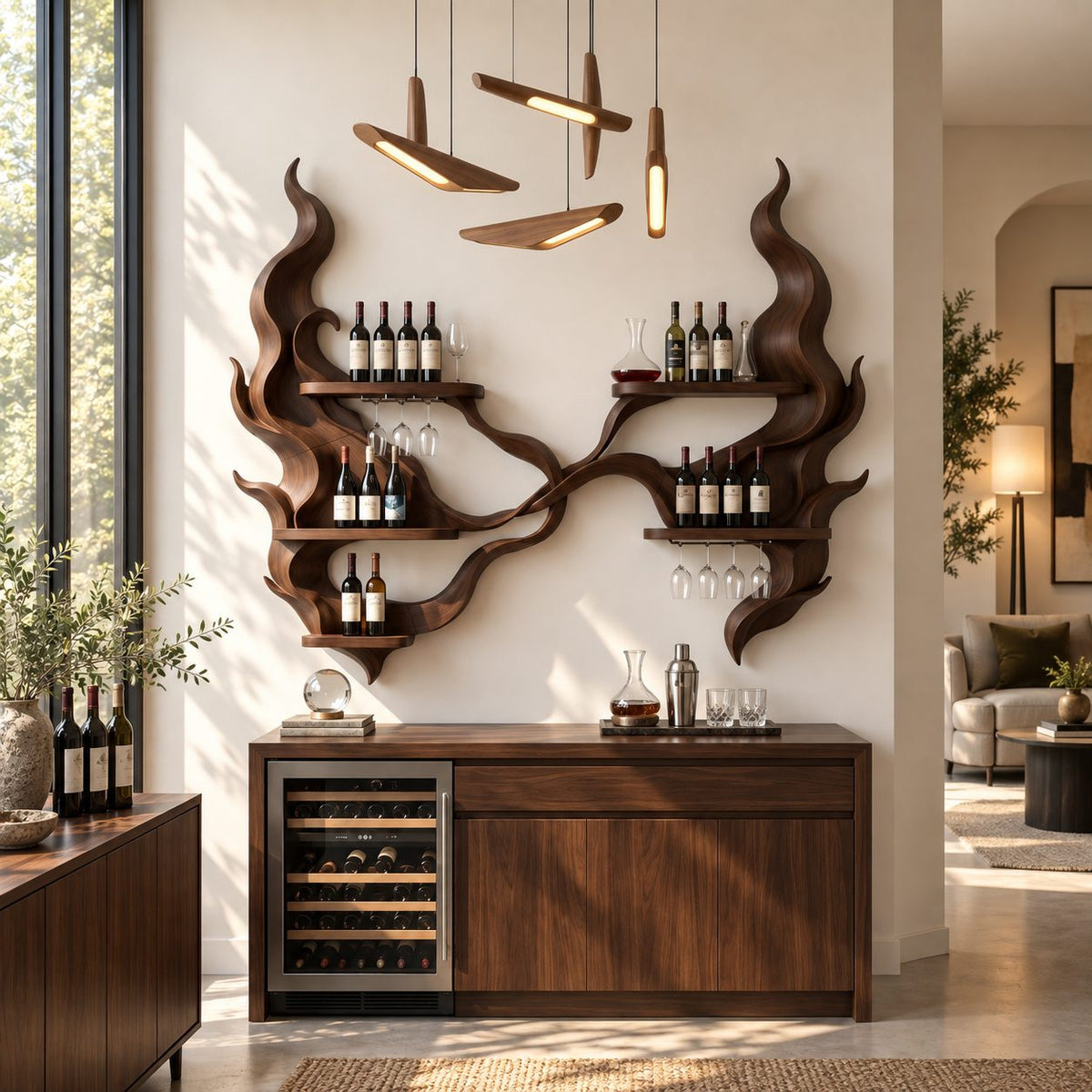 Twin Flame Wine Rack Wall Sculpture with Six Bottle Shelves, Carved Solid Wood Home Bar Display