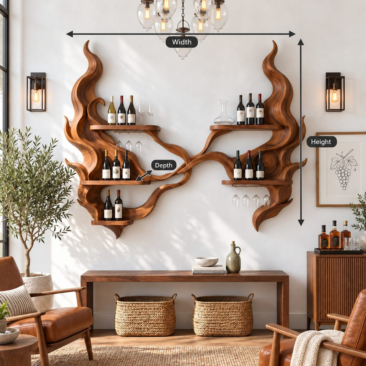 Twin Flame Wine Rack Wall Sculpture with Six Bottle Shelves, Carved Solid Wood Home Bar Display