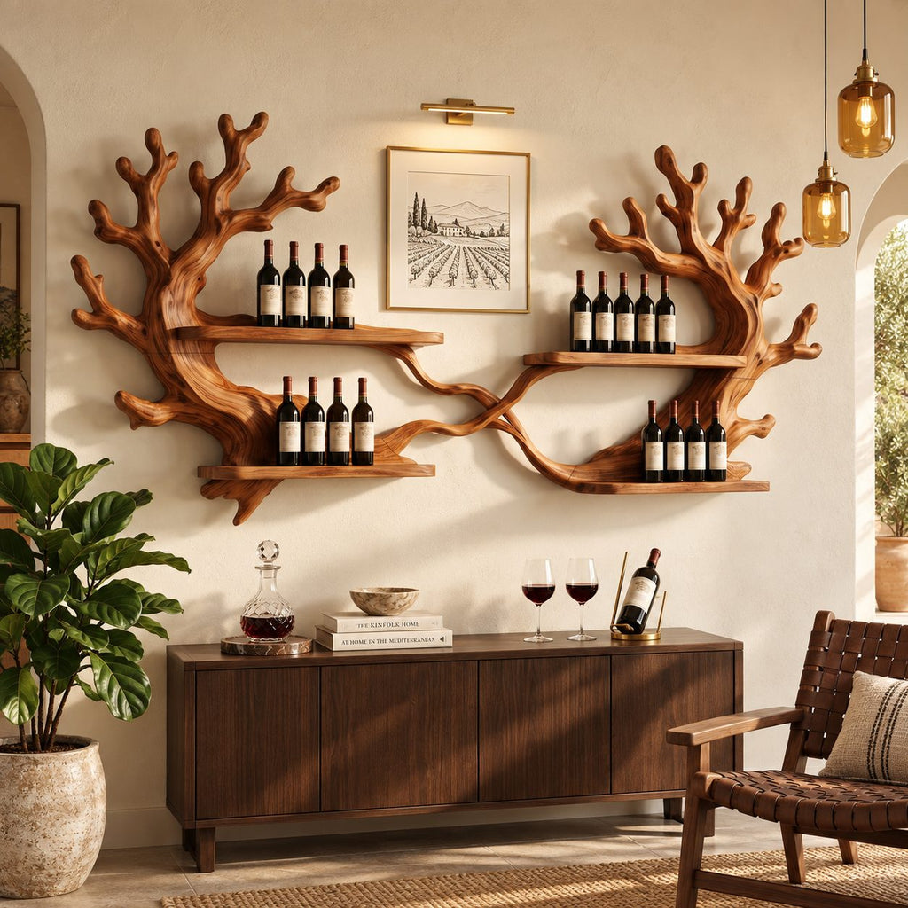 Twin Coral Branch Wine Rack with Four Bottle Shelves, Carved Solid Wood Wall Bar Display for Dining Room