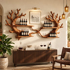 Twin Coral Branch Wine Rack with Four Bottle Shelves, Carved Solid Wood Wall Bar Display for Dining Room