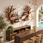 Twin Coral Branch Wine Rack with Four Bottle Shelves, Carved Solid Wood Wall Bar Display for Dining Room