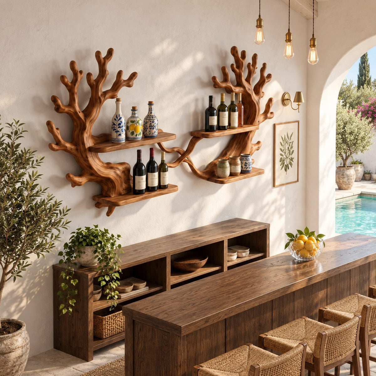 Twin Coral Branch Wine Rack with Four Bottle Shelves, Carved Solid Wood Wall Bar Display for Dining Room