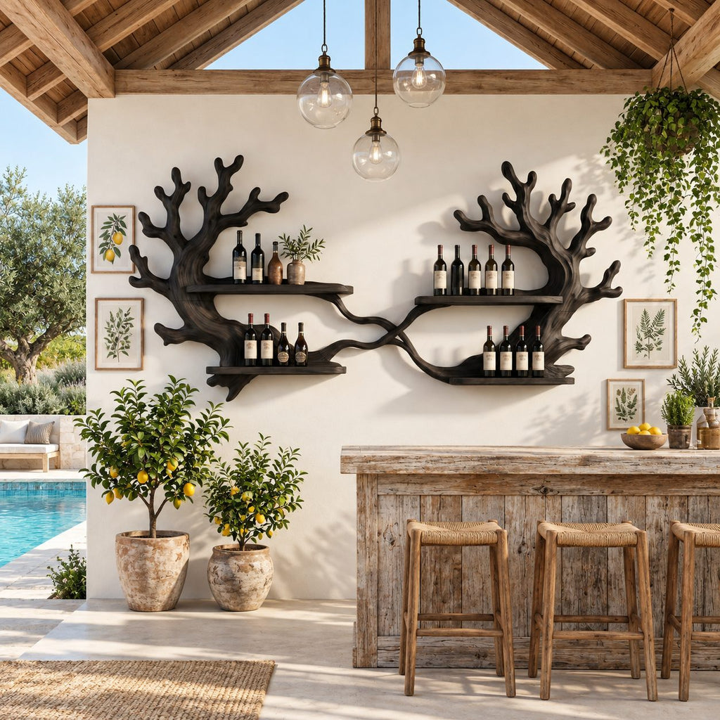 Twin Coral Branch Wine Rack with Four Bottle Shelves, Carved Solid Wood Wall Bar Display for Dining Room