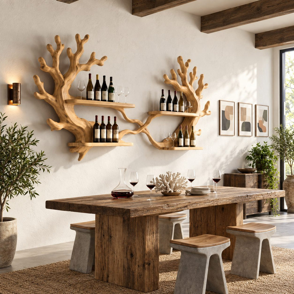 Twin Coral Branch Wine Rack with Four Bottle Shelves, Carved Solid Wood Wall Bar Display for Dining Room