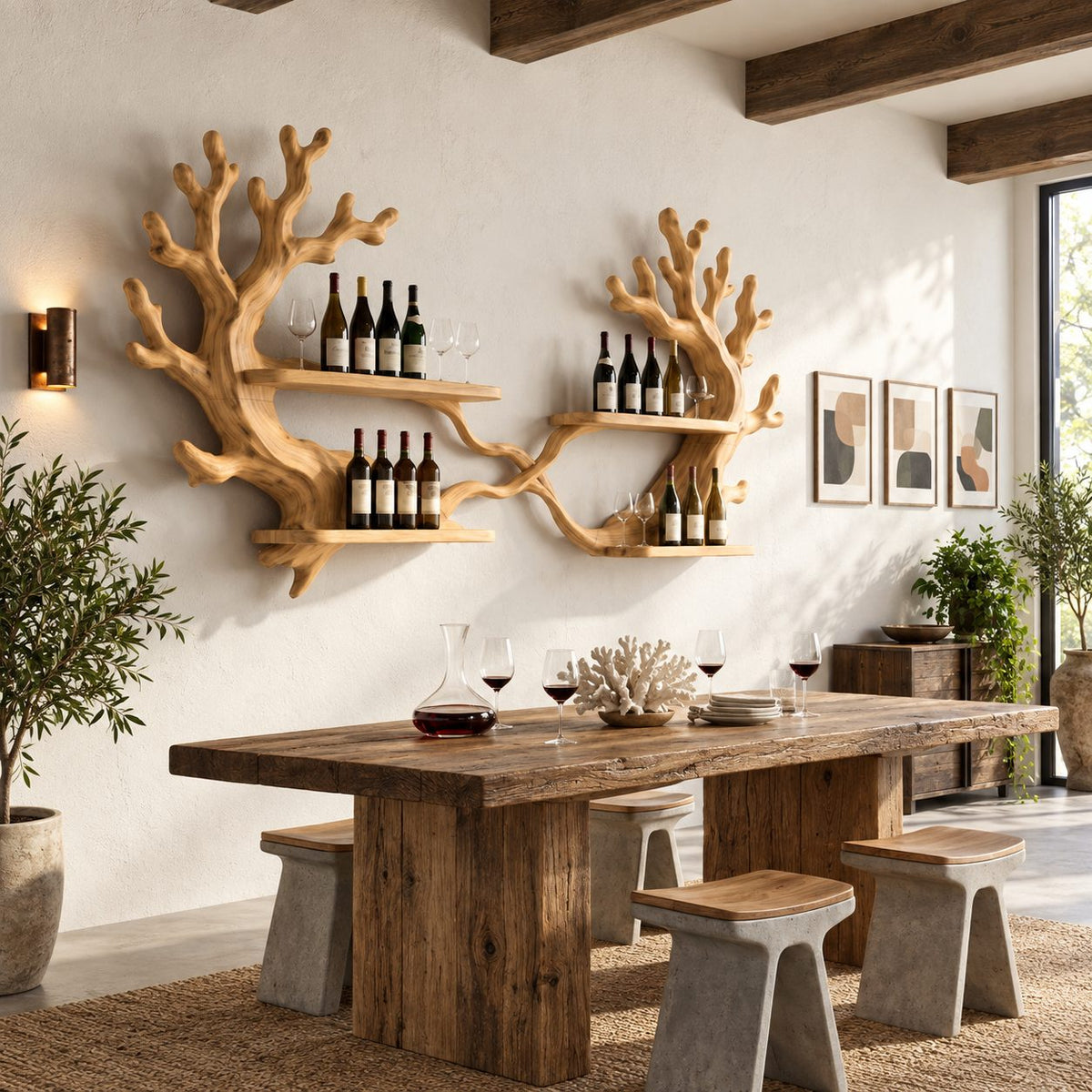 Twin Coral Branch Wine Rack with Four Bottle Shelves, Carved Solid Wood Wall Bar Display for Dining Room