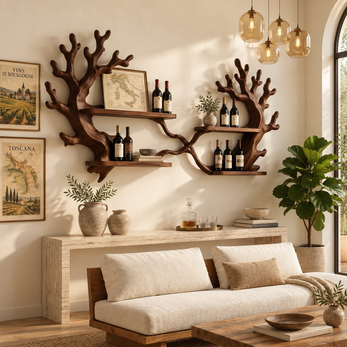 Twin Coral Branch Wine Rack with Four Bottle Shelves, Carved Solid Wood Wall Bar Display for Dining Room